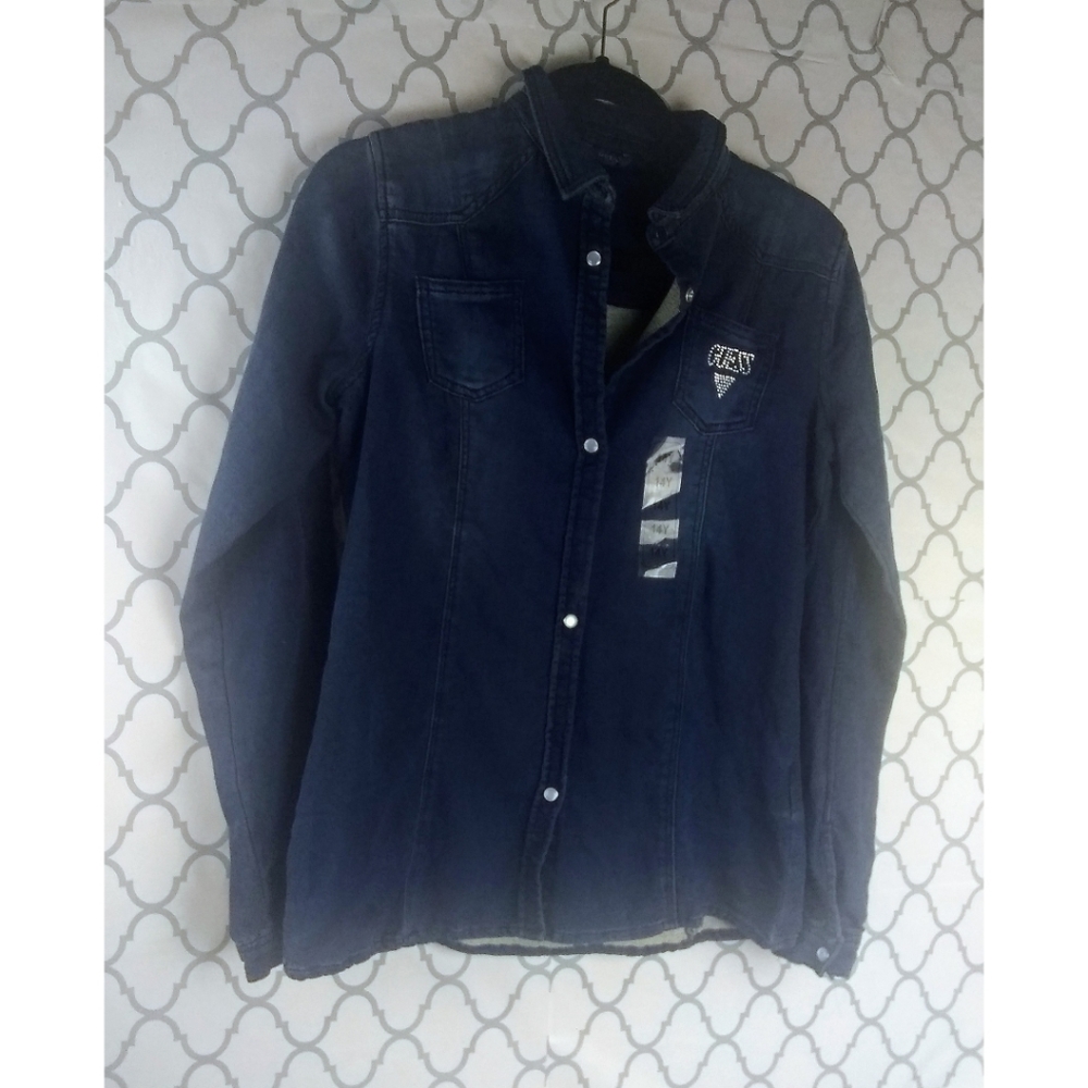 Guess Faux Denim Rhinestone Logo Button Shirt